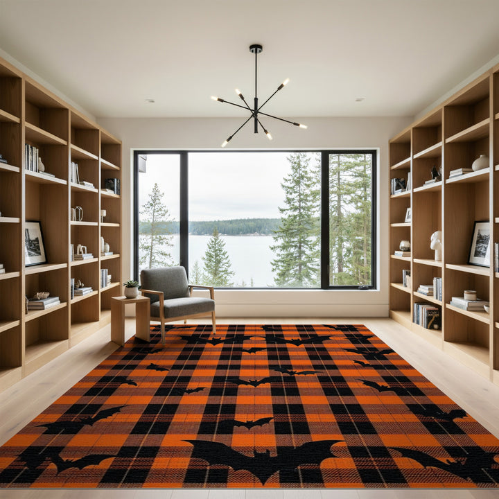 Orange Plaid Bat Silhouette Area Rug