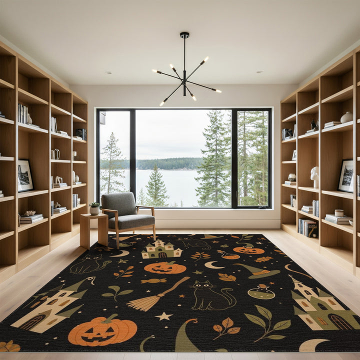 Kids Cartoon Halloween Black Cat Pumpkin Area Rug