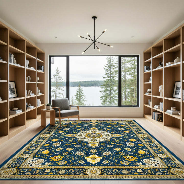 Navy Blue Gold Medallion Floral Persian Rug