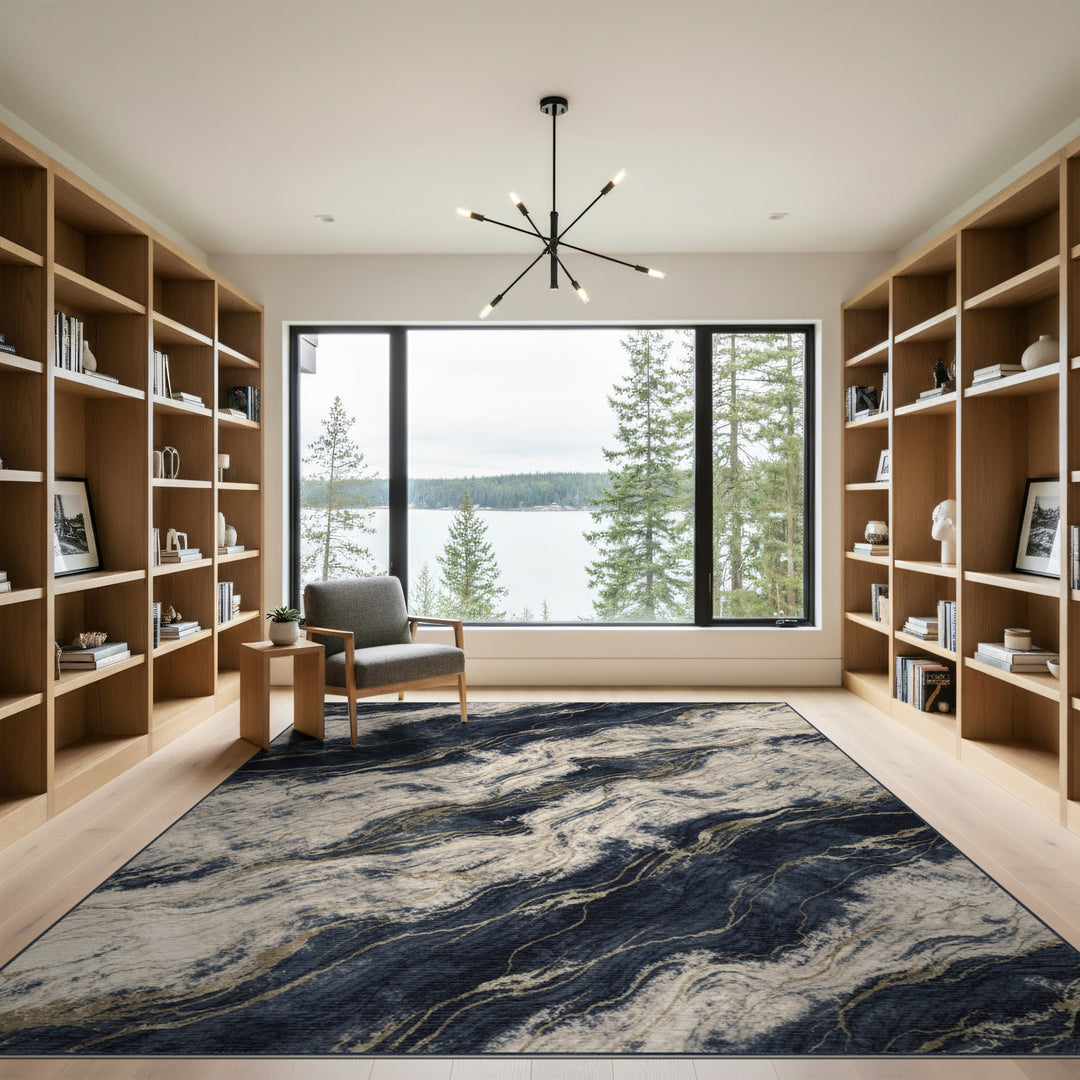 Navy Gold Marble Abstract Area Rug