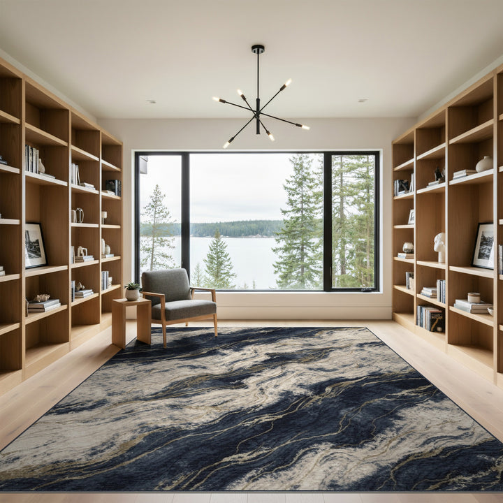 Navy Gold Marble Abstract Area Rug