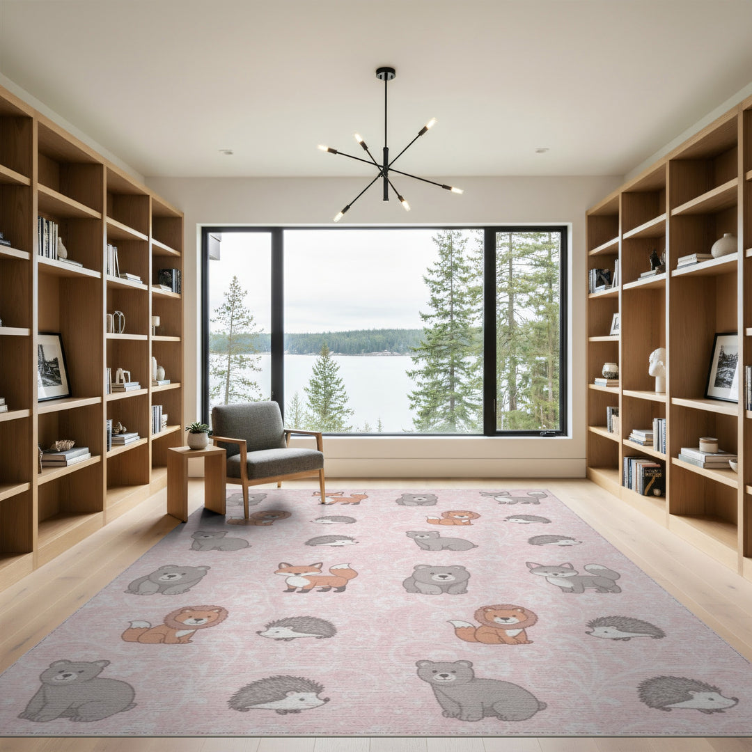 Pink Cartoon Animal Kids Area Rug