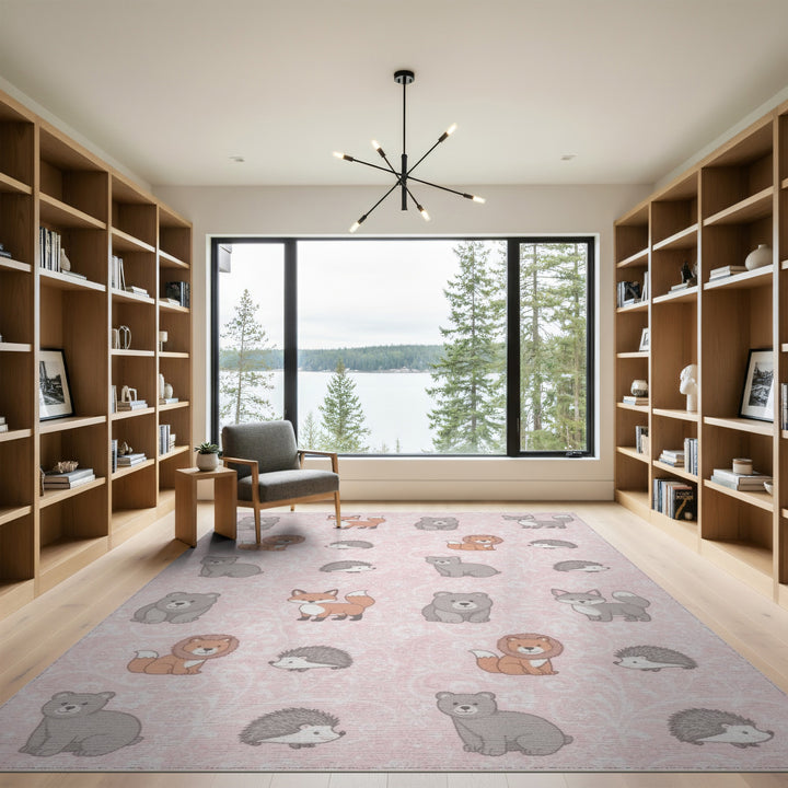 Pink Cartoon Animal Kids Area Rug