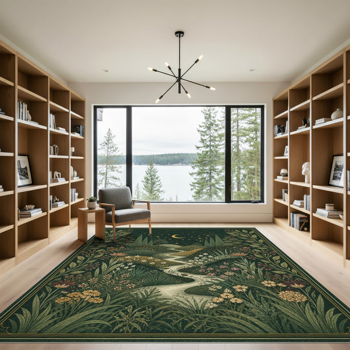 Moonlit Floral Path Green Area Rug