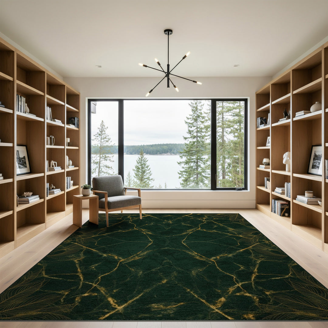 Emerald Green Gold Leaf Marble Area Rug
