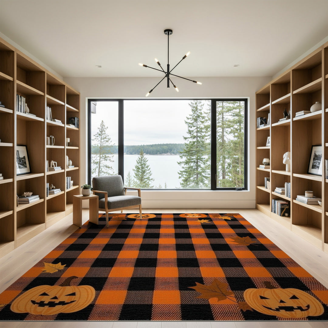 Rustic Farmhouse Orange Buffalo Check Pumpkin Area Rug