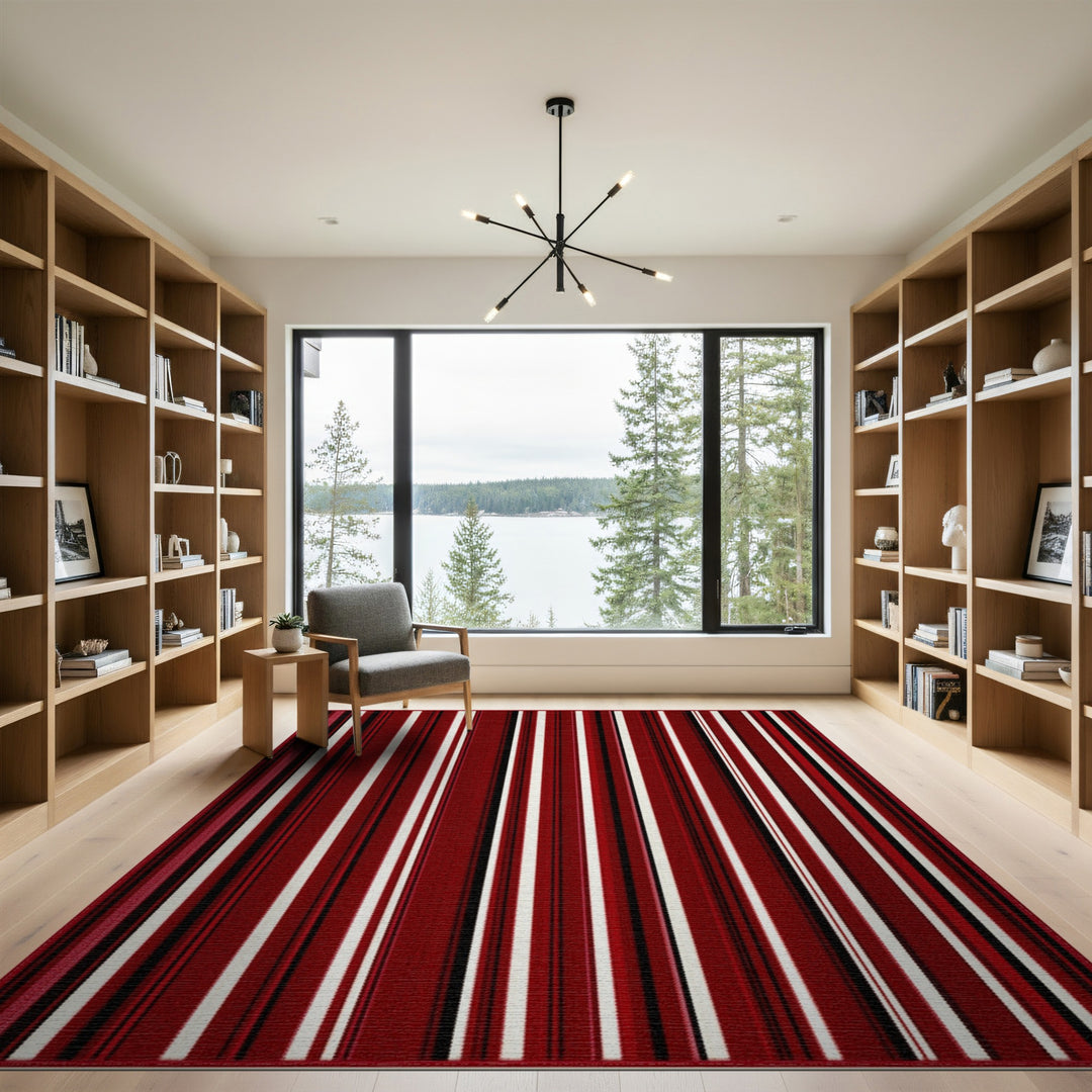Bold Red Striped Washable Area Rug