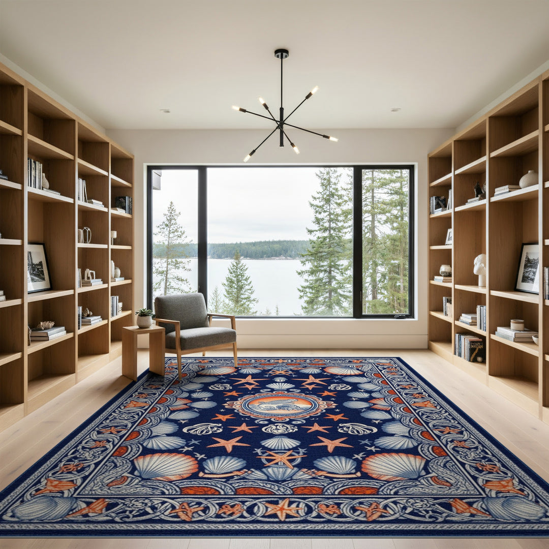 Navy Blue Coastal Seashell Starfish Area Rug
