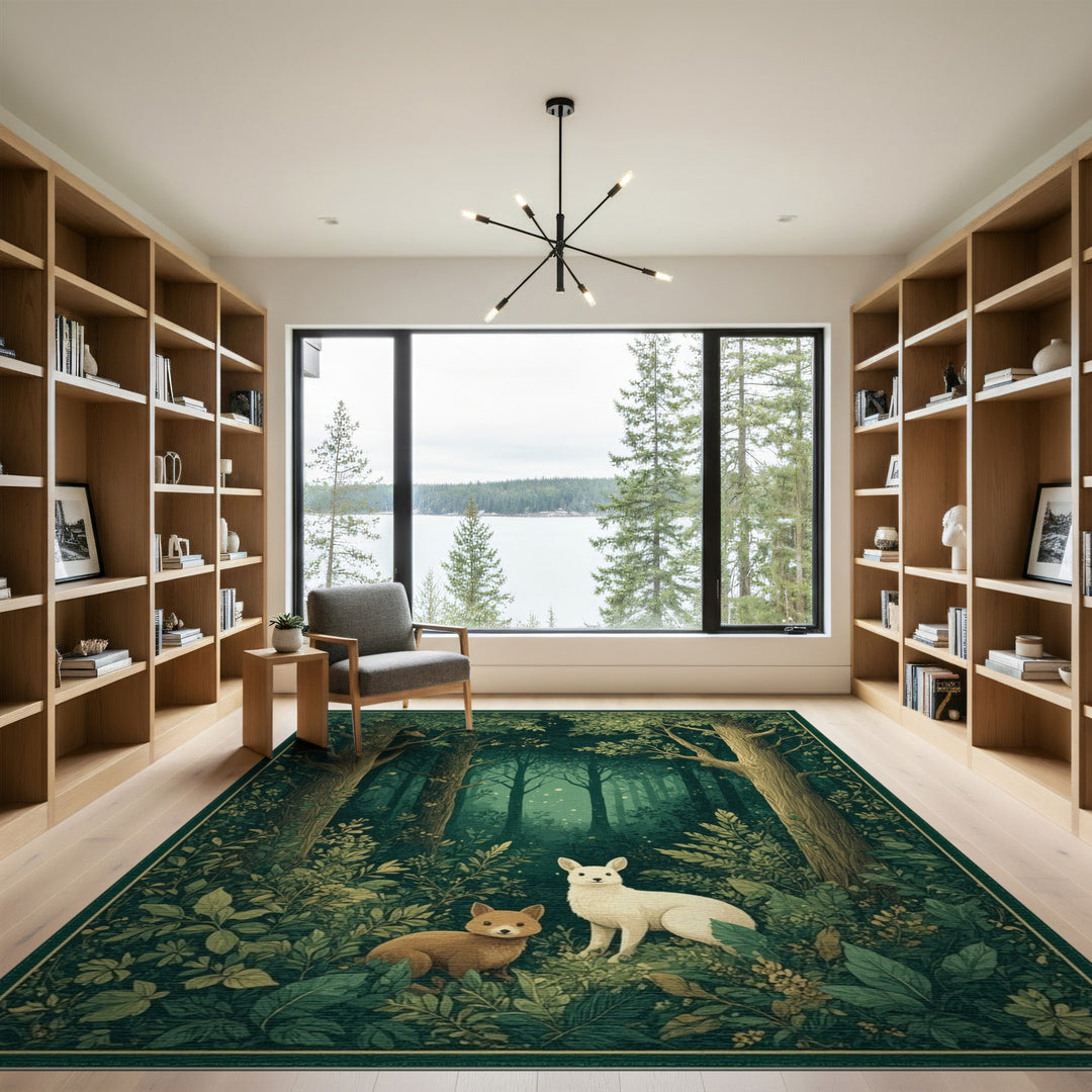 Enchanted Forest Foxes Green Area Rug