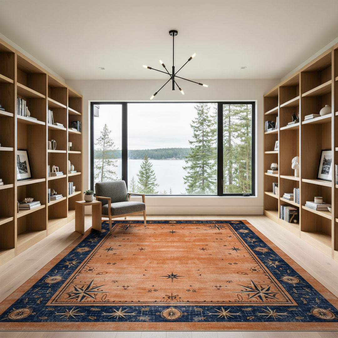 Orange Distressed Compass Star Area Rug