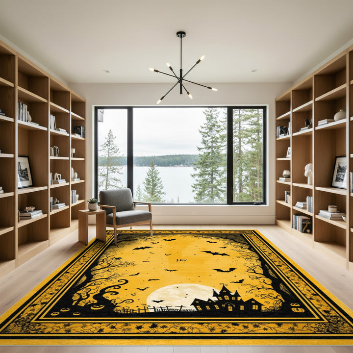 Yellow Halloween Haunted House Kids Cartoon Area Rug