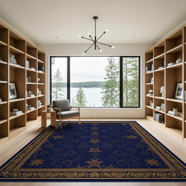 Navy Blue Gold Star Geometric Area Rug
