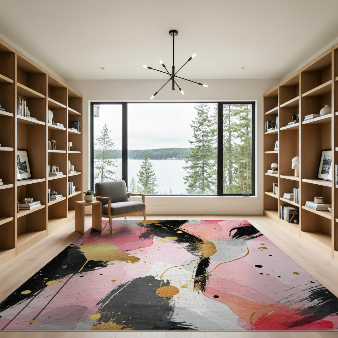 Pink Abstract Gold Splatter Area Rug