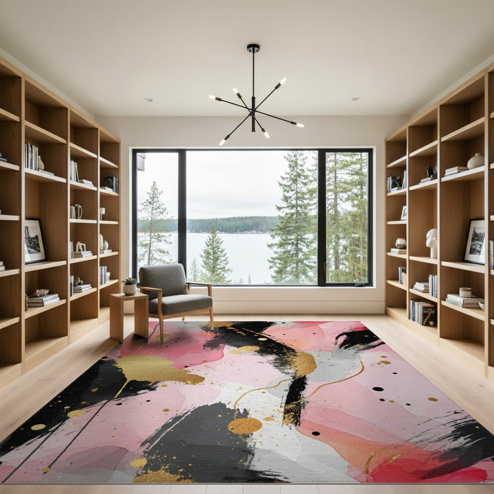 Pink Abstract Gold Splatter Area Rug