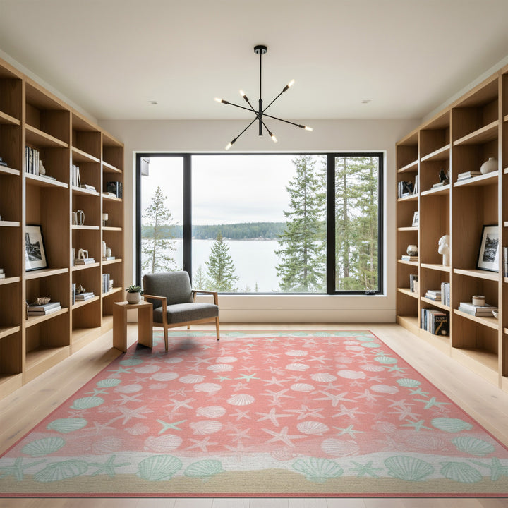 Coastal Beach Pink Coastal Seashell Starfish Area Rug