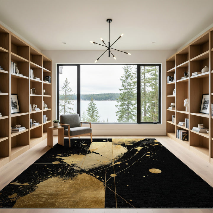 Black Gold Abstract Washable Area Rug