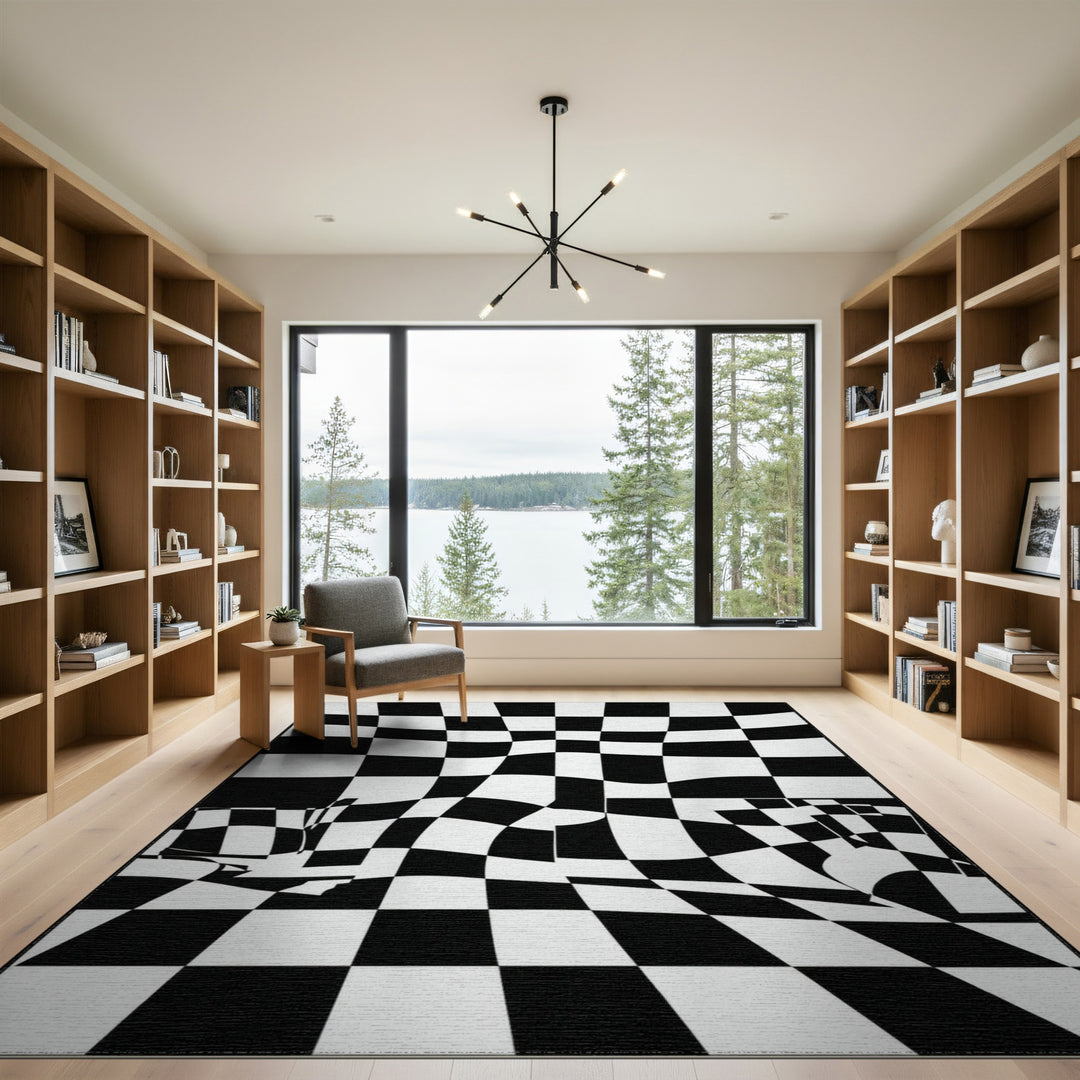 Black White Wavy Checkered Area Rug