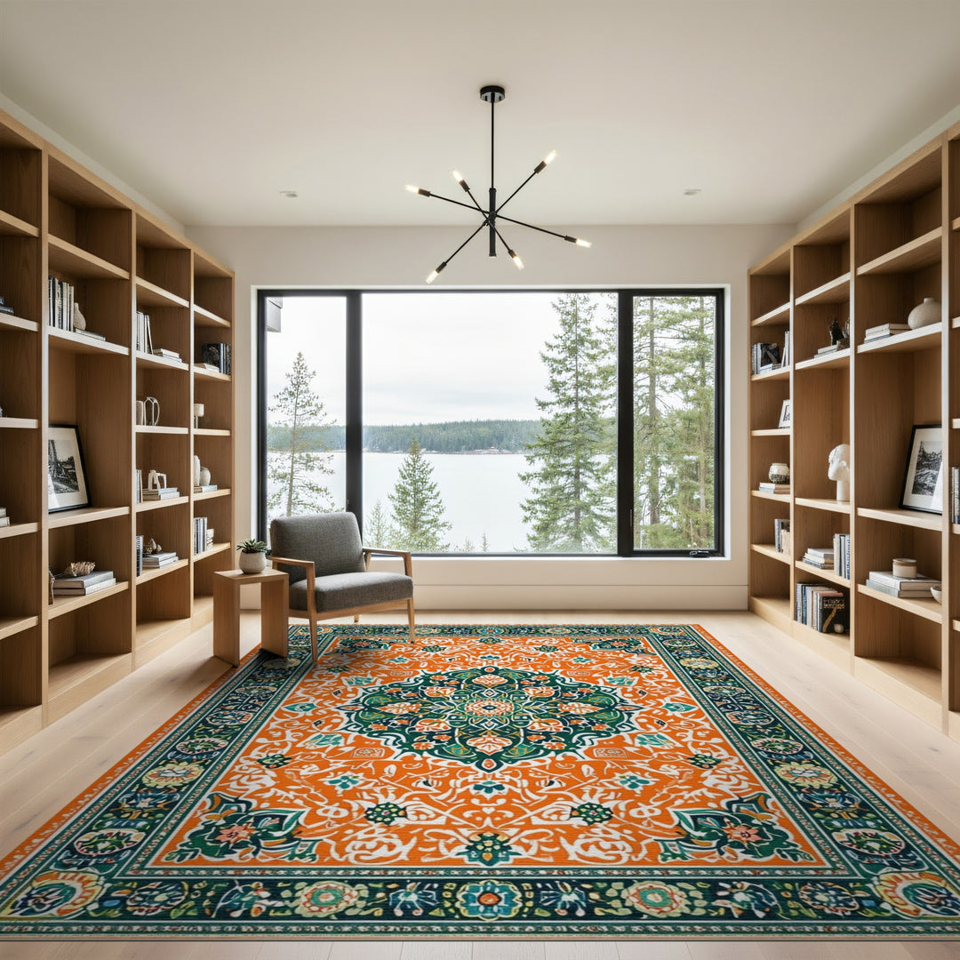 Orange Vibrant Orange Floral Medallion Area Rug