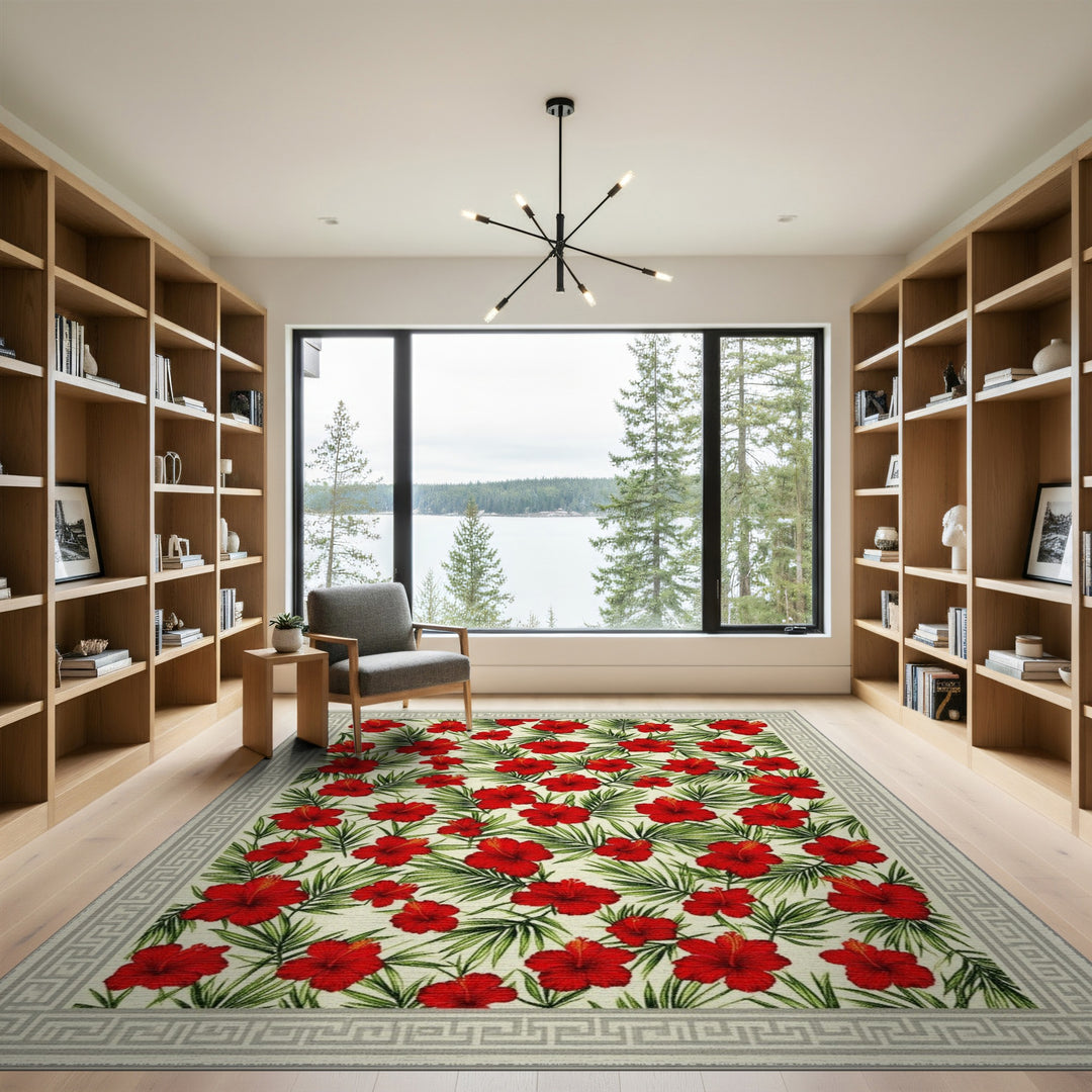Floral Vintage Red Hibiscus Floral Area Rug