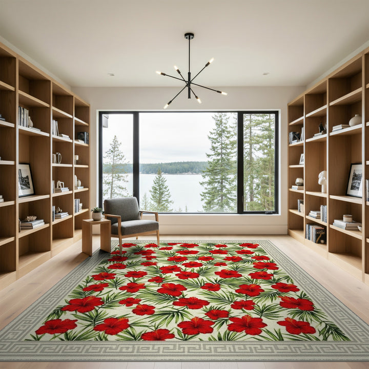 Floral Vintage Red Hibiscus Floral Area Rug