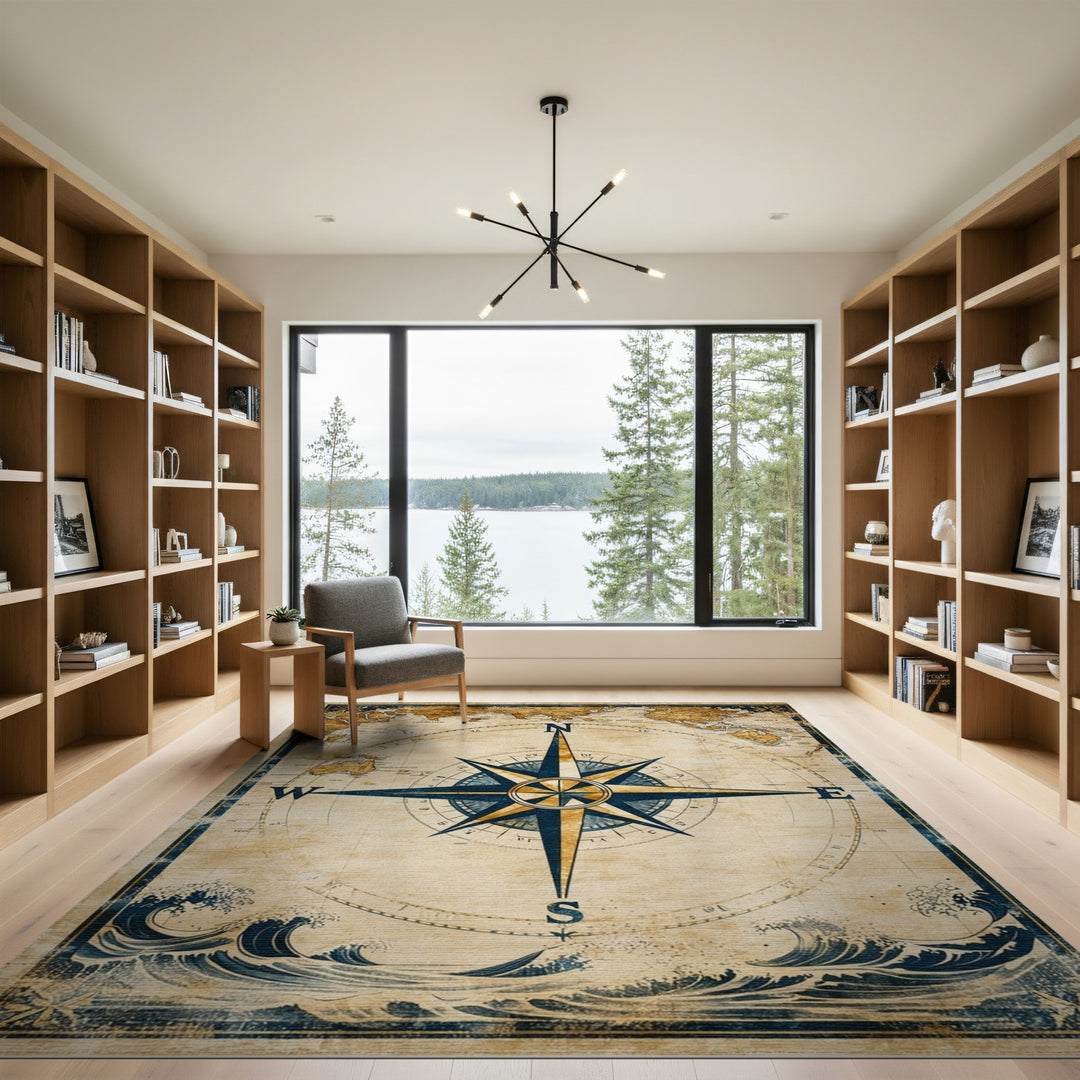 Vintage Compass World Map Area Rug