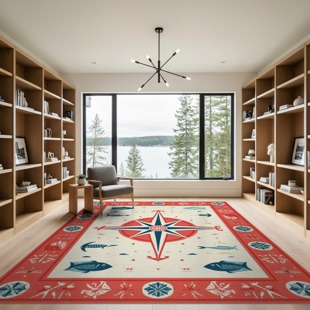 Red Nautical Compass Fish Area Rug