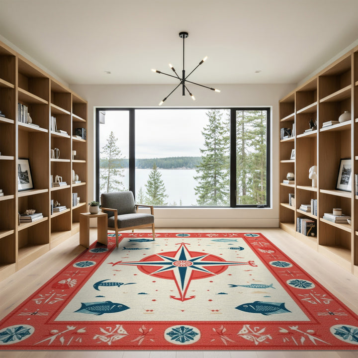 Red Nautical Compass Fish Area Rug