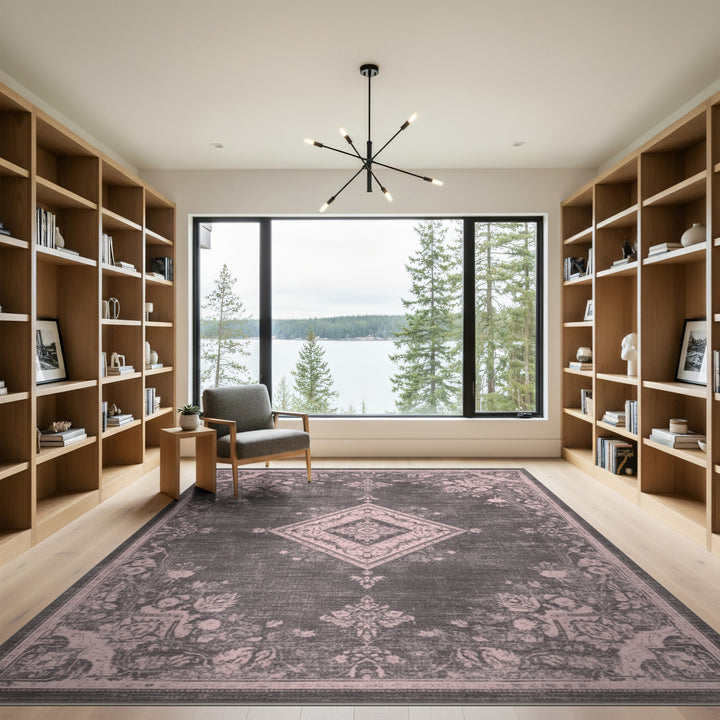 Grey Distressed Vintage Floral Diamond Area Rug
