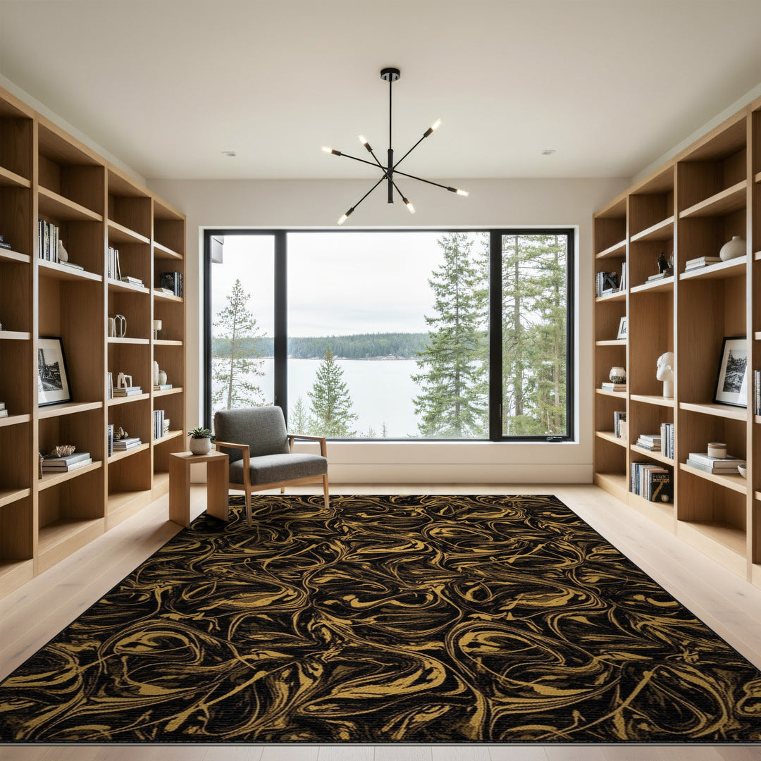Abstract Area Black and Gold Abstract Swirl Area Rug