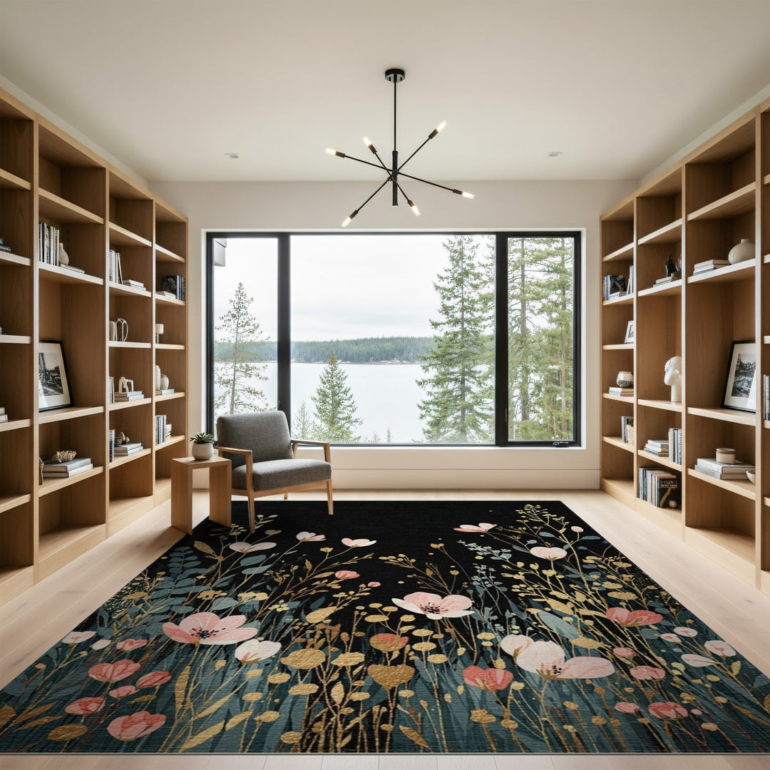 Pink Floral Gold Washable Area Rug