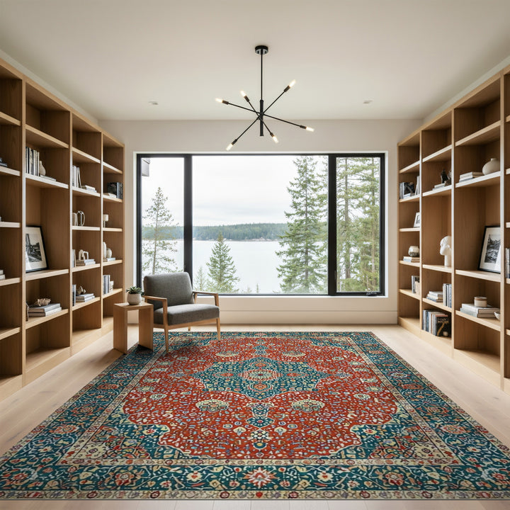 Red Traditional Persian Red Teal Persian Medallion Area Rug