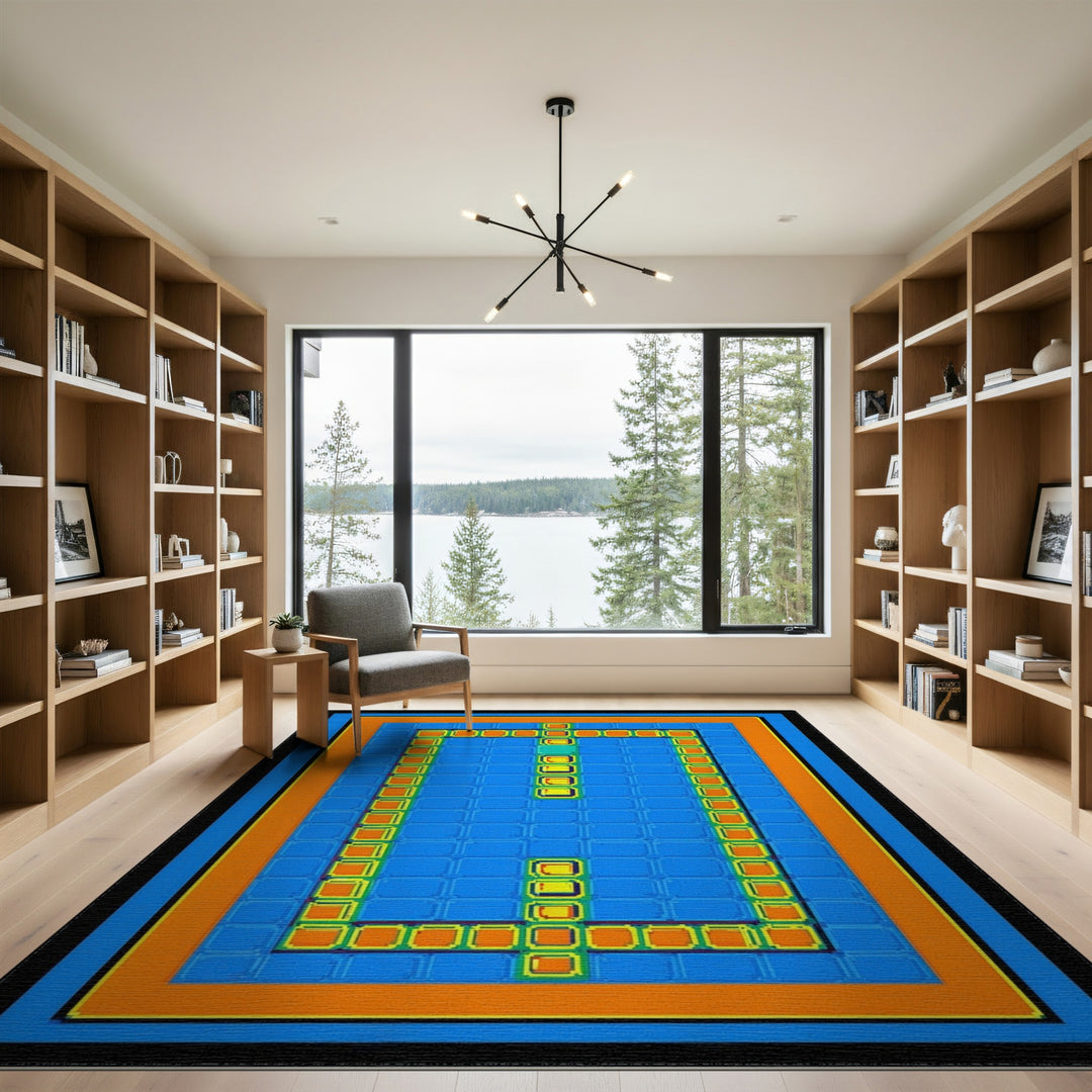Blue Geometric Area Rug with Orange Border