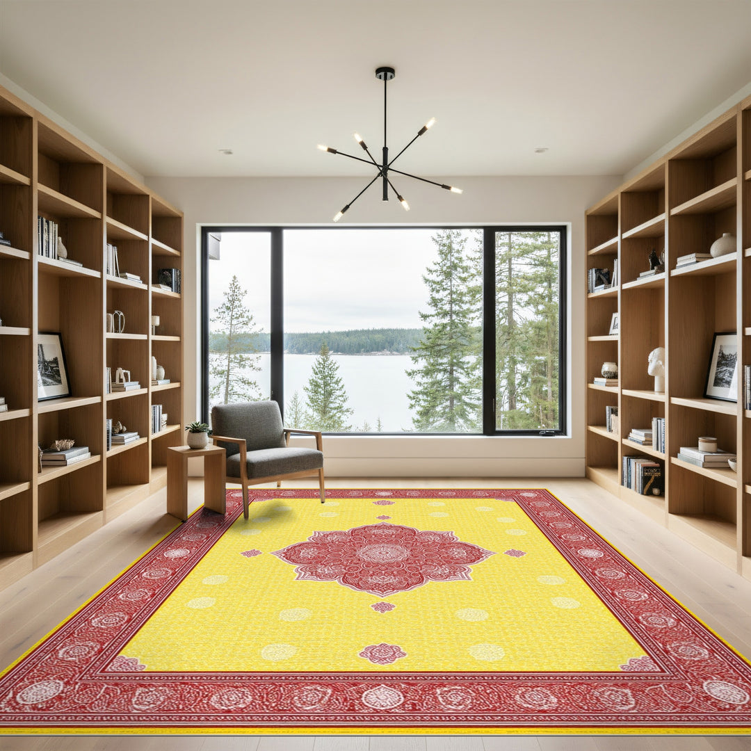 Yellow Red Mandala Floral Area Rug