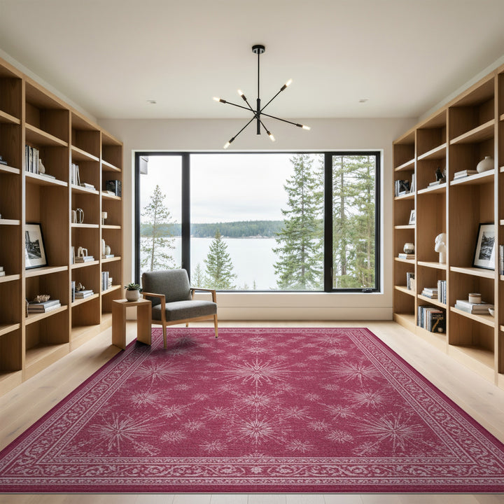 Pink Starburst Area Rug with Ornate Border
