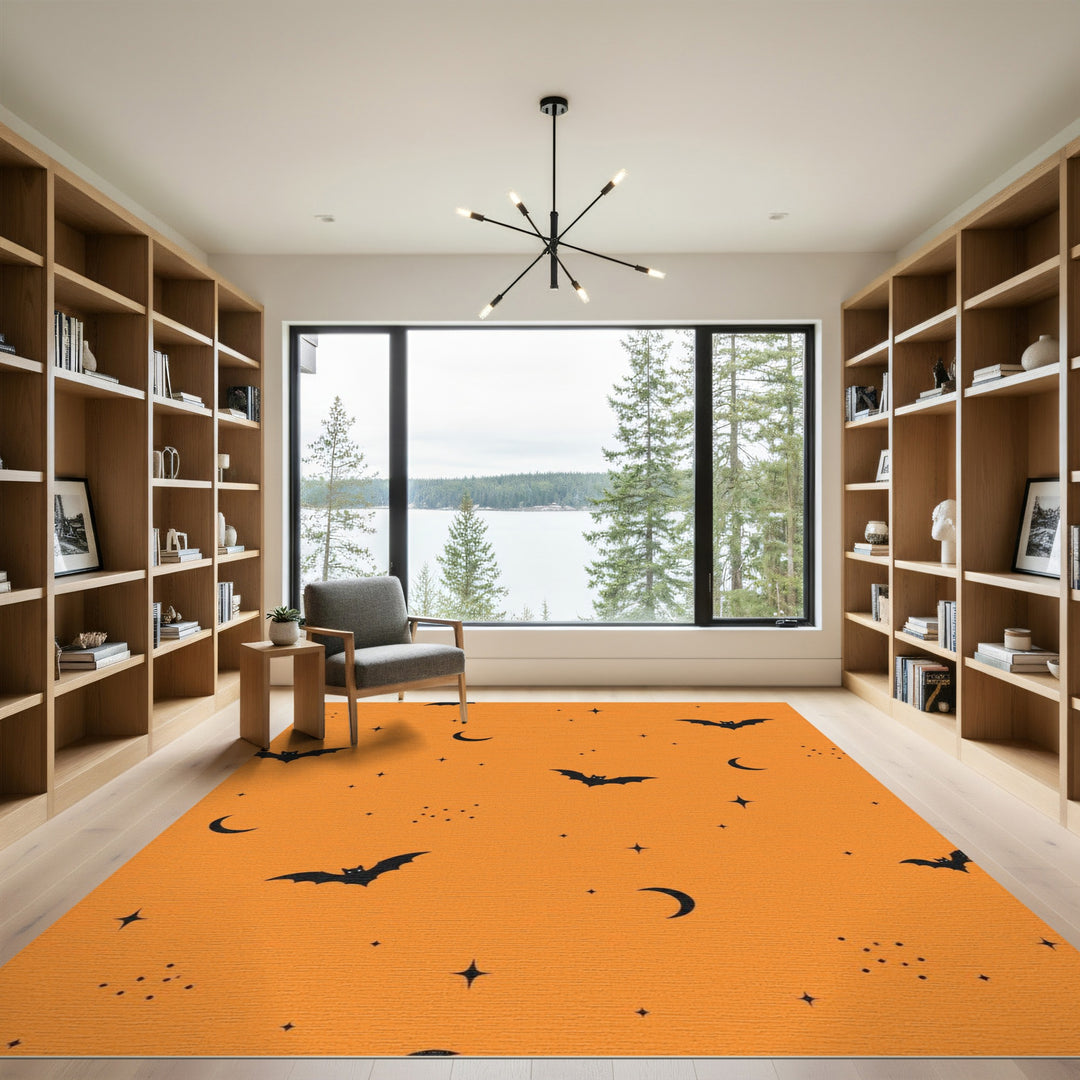 Orange Halloween Bats Washable Area Rug