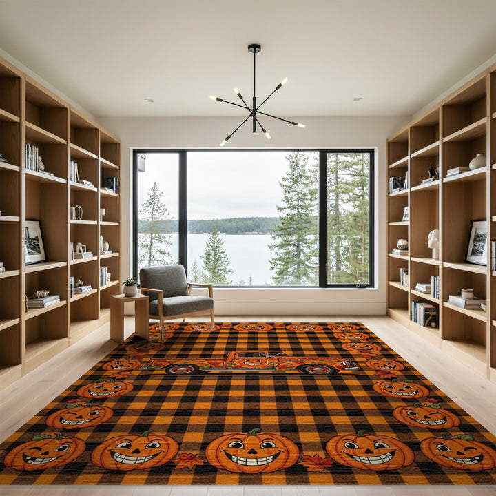 Smiling Pumpkin Truck Orange Checkered Area Rug