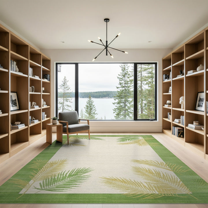 Green Coastal Beach Green Palm Frond Area Rug