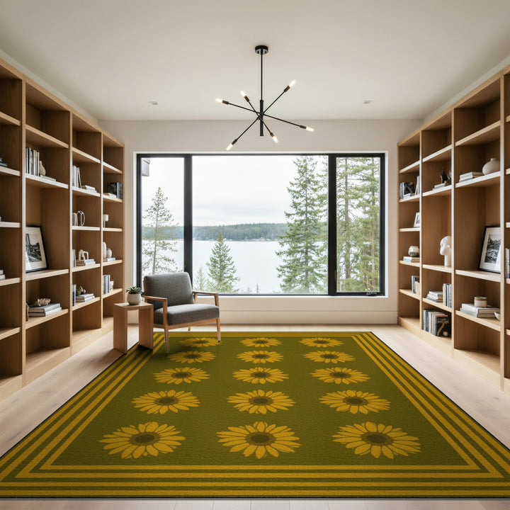 Green Sunflower Floral Area Rug