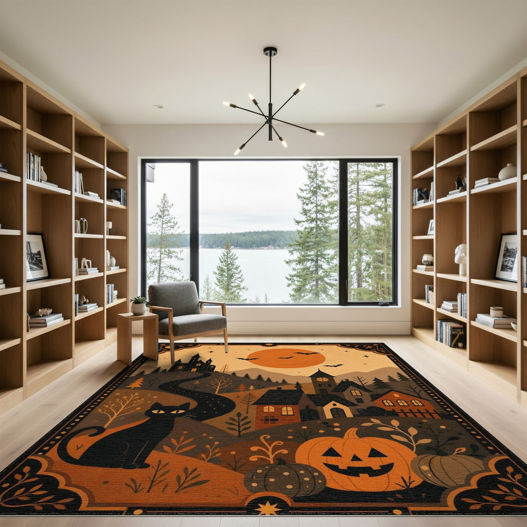 Multi-color and Patterns Black Cat Pumpkin Halloween Area Rug