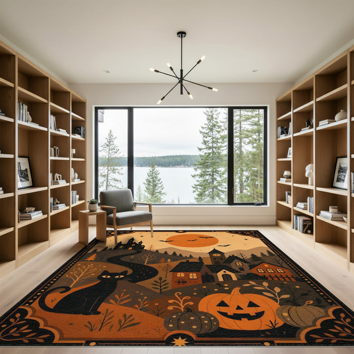 Multi-color and Patterns Black Cat Pumpkin Halloween Area Rug