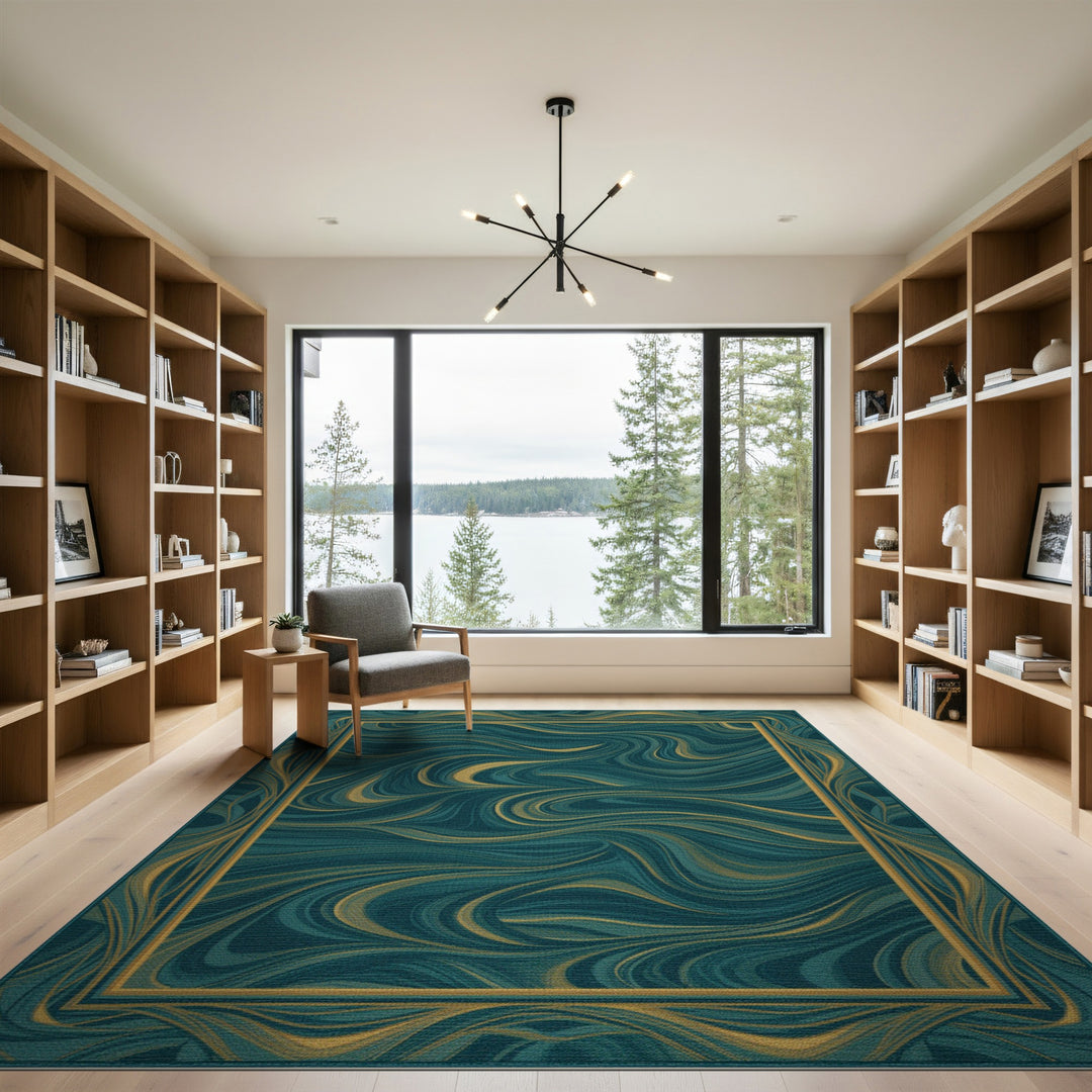 Abstract Area Blue and Teal Gold Swirl Abstract Area Rug
