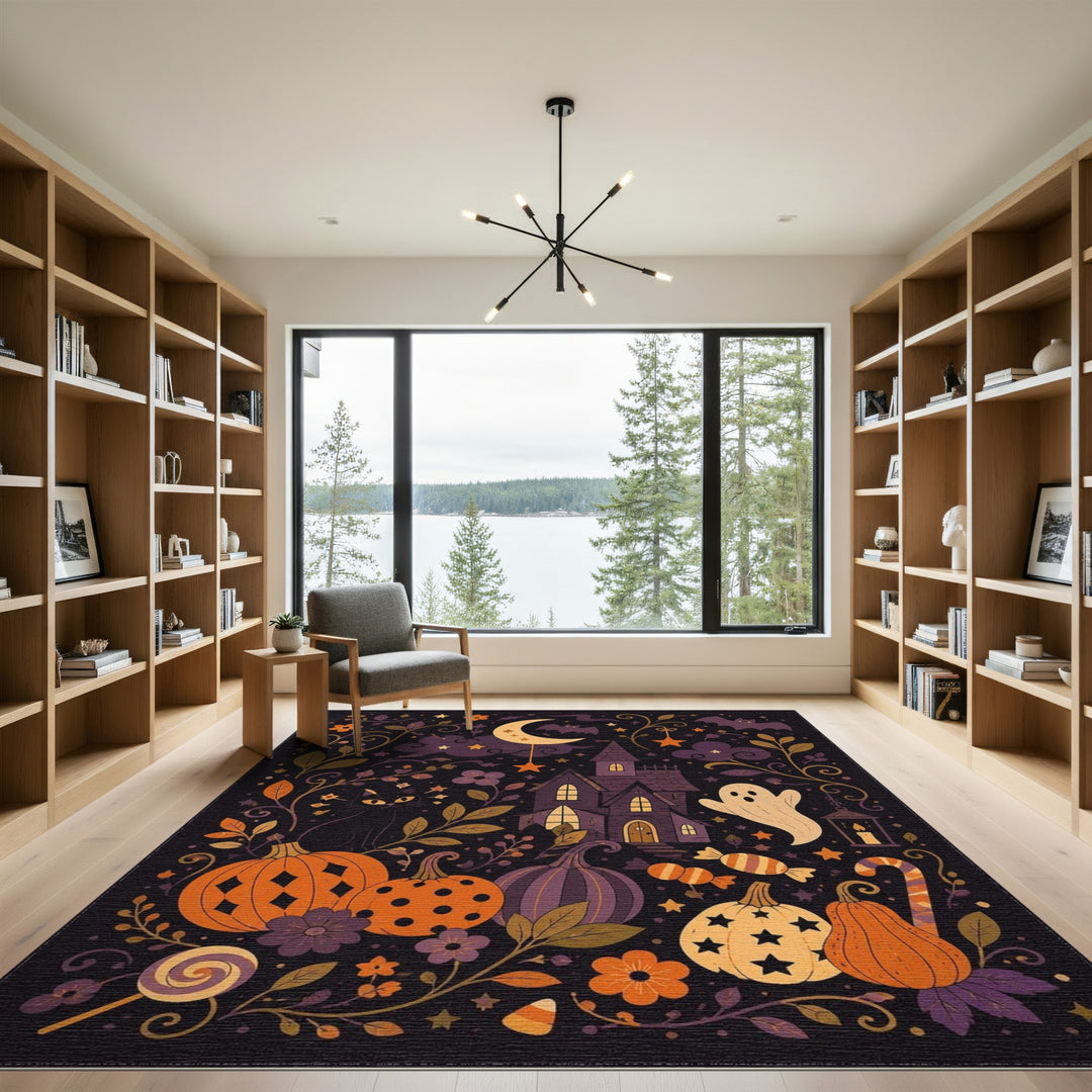 Multi-color and Patterns Kids Cartoon Spooky Halloween Haunted House Area Rug