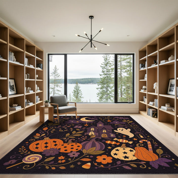 Multi-color and Patterns Kids Cartoon Spooky Halloween Haunted House Area Rug
