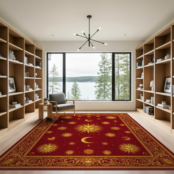 Traditional Persian Red Celestial Sun Moon Area Rug
