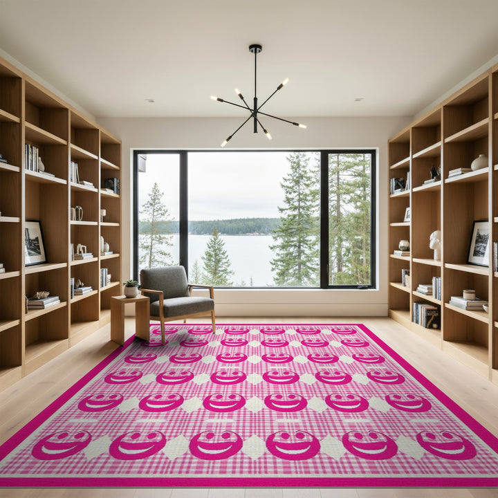 Pink Smiley Face Gingham Kids Area Rug