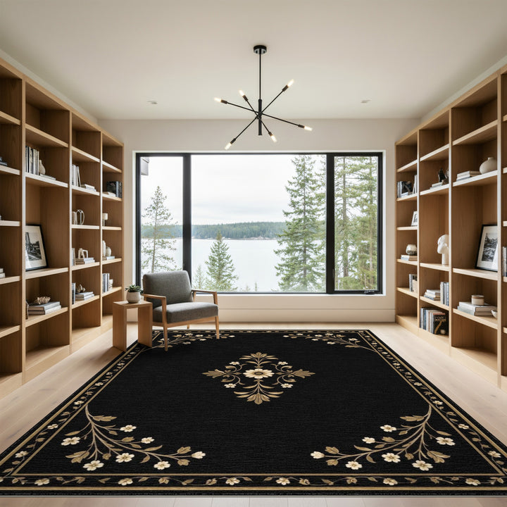 Black and White Black Floral Medallion Area Rug