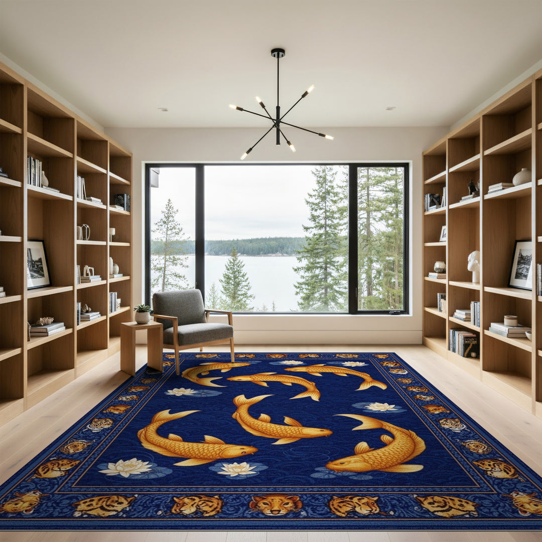 Blue Koi Fish Tiger Border Area Rug