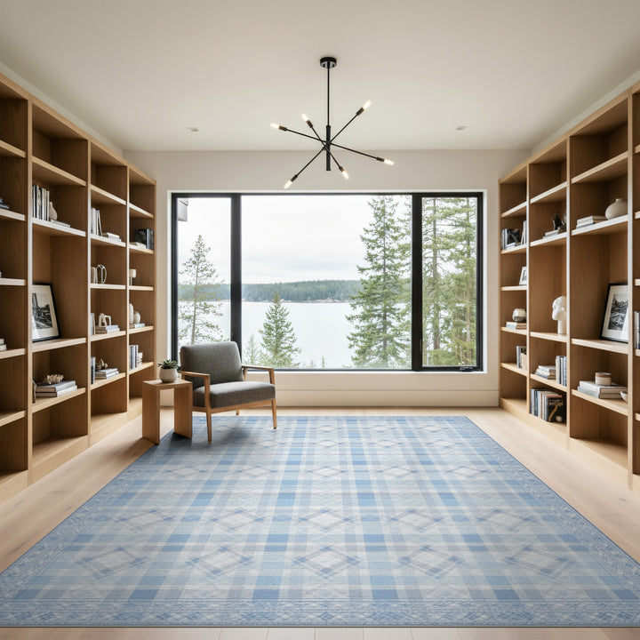 Blue and Teal Blue Gingham Checkered Washable Area Rug