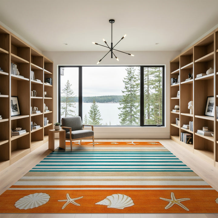 Teal Striped Coastal Seashell Area Rug