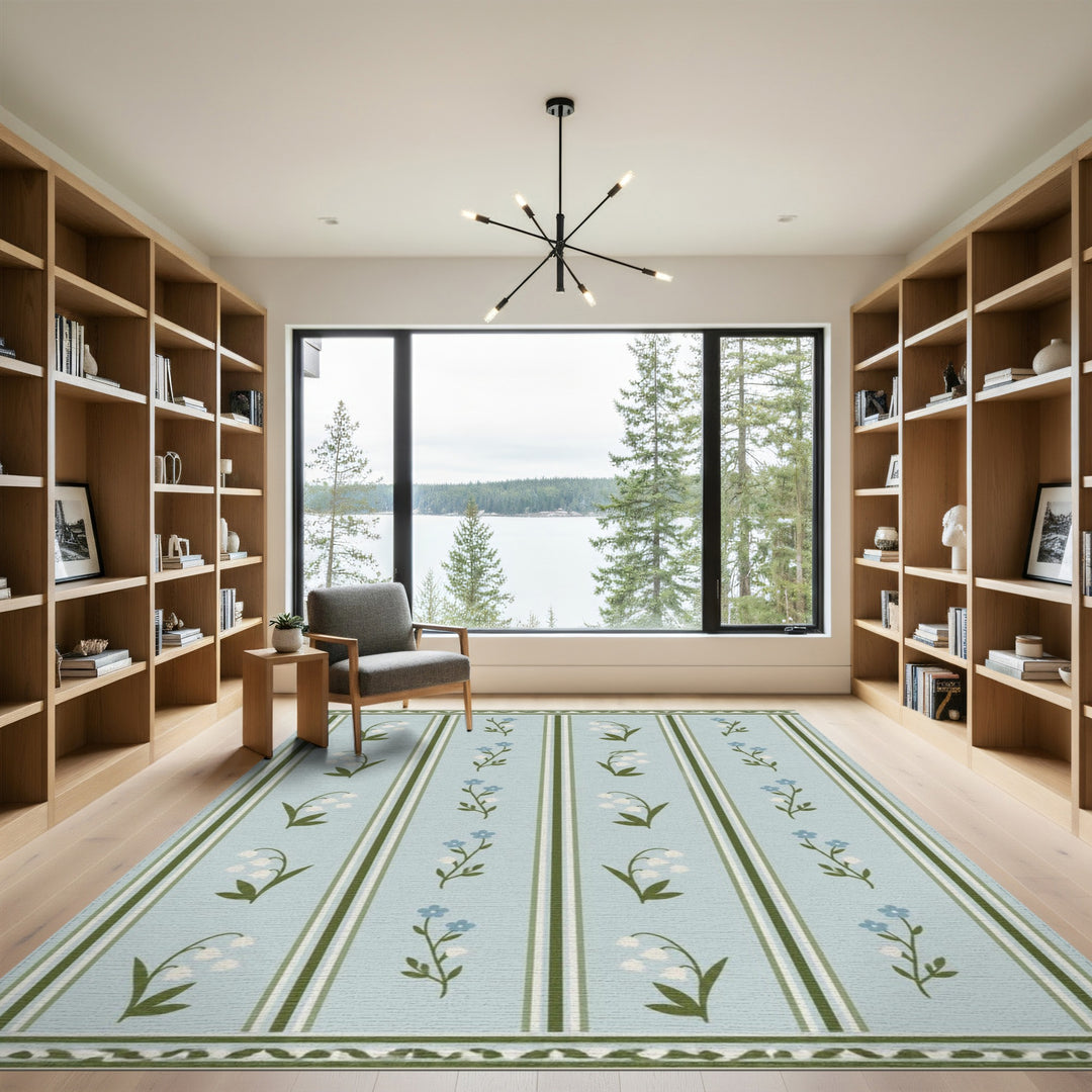 Blue Floral Stripe Lily Area Rug